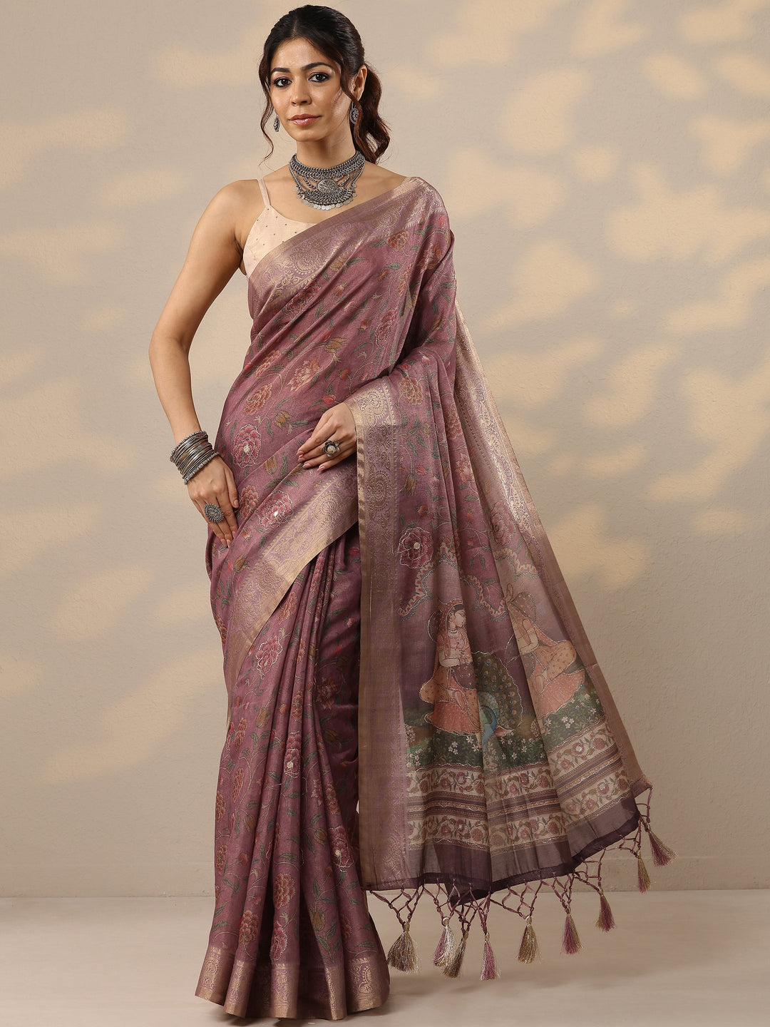 Lavender Printed Cotton Blend Sarees With Unstitched Blouse Piece