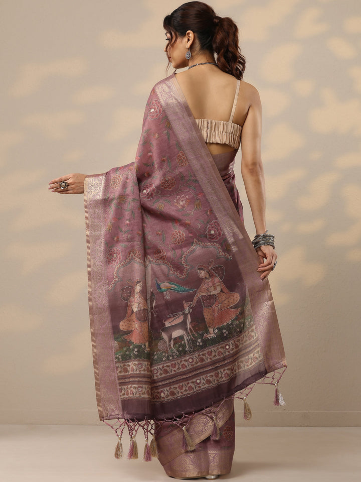 Lavender Printed Cotton Blend Sarees With Unstitched Blouse Piece