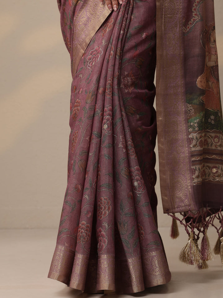Lavender Printed Cotton Blend Sarees With Unstitched Blouse Piece
