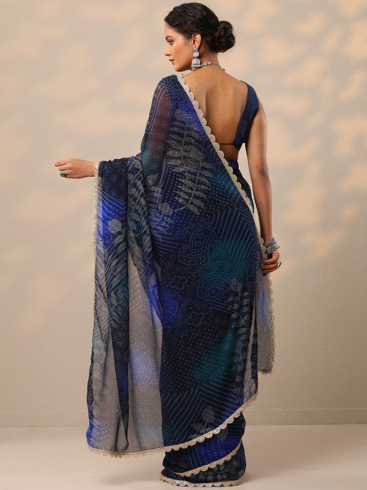 Blue Bandhani Printed Georgette Saree With Unstitched Blouse Piece