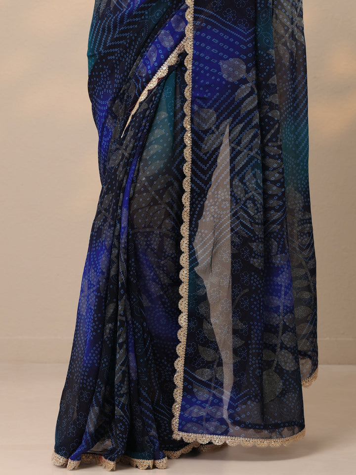 Blue Bandhani Printed Georgette Saree With Unstitched Blouse Piece