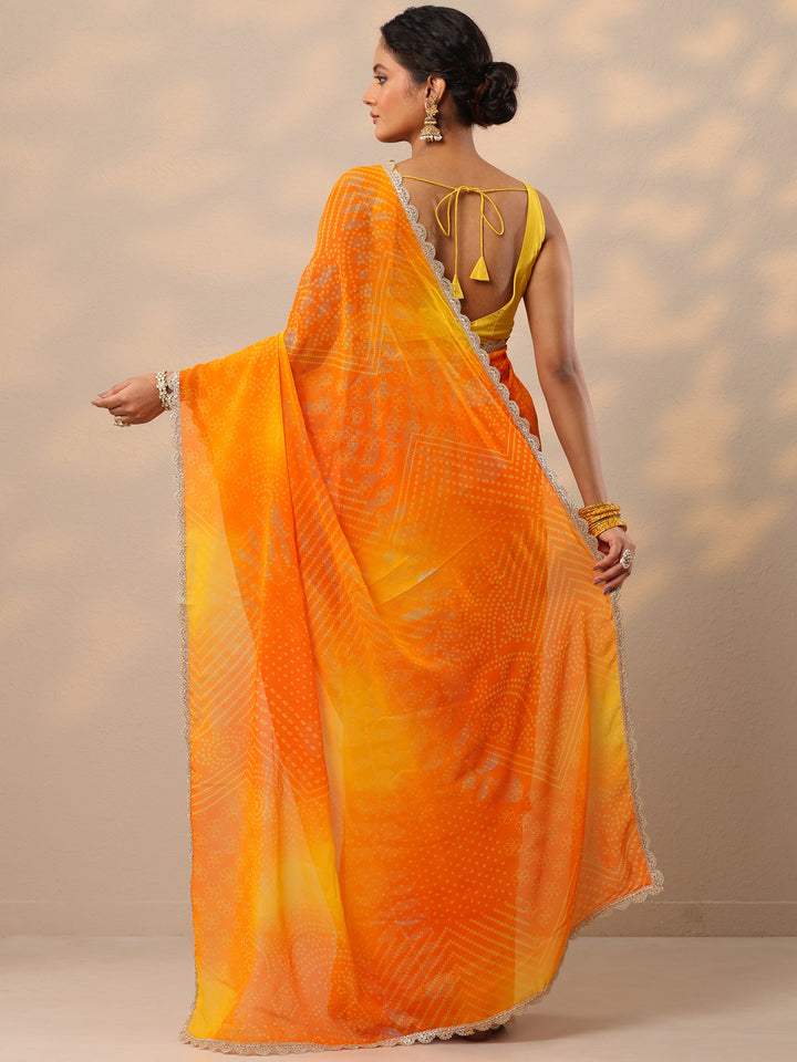 Orange Bandhani Printed Georgette Saree With Unstitched Blouse Piece
