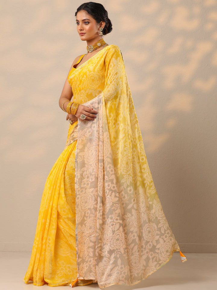 Yellow Printed Chinon Saree With Unstitched Blouse Piece