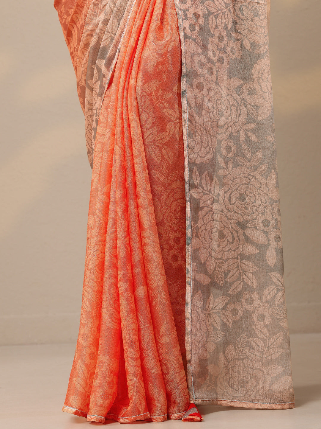Orange Printed Silk Blend Sarees With Unstitched Blouse Piece