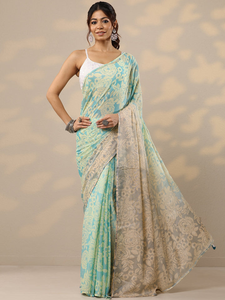 Blue Printed Silk Blend Sarees With Unstitched Blouse Piece