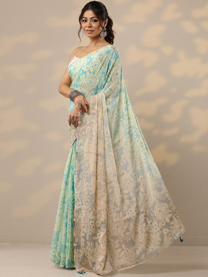 Blue Printed Silk Blend Sarees With Unstitched Blouse Piece