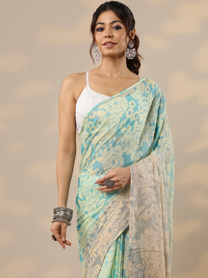 Blue Printed Silk Blend Sarees With Unstitched Blouse Piece