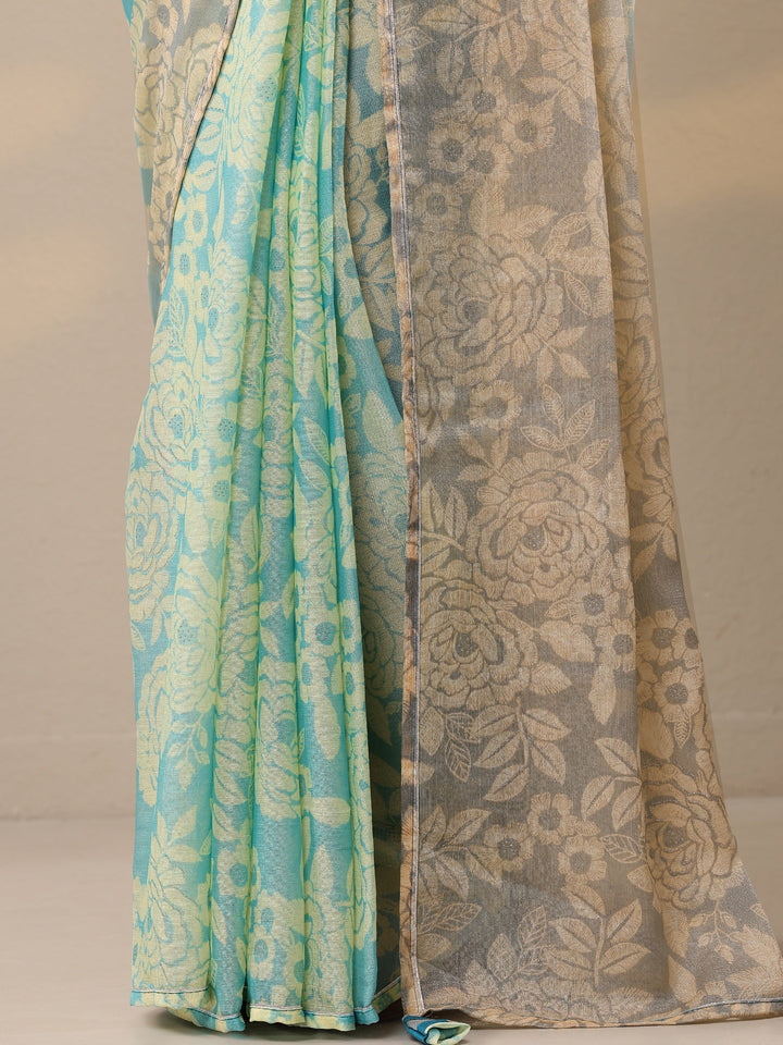 Blue Printed Silk Blend Sarees With Unstitched Blouse Piece