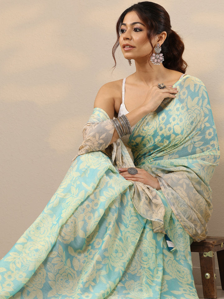 Blue Printed Silk Blend Sarees With Unstitched Blouse Piece