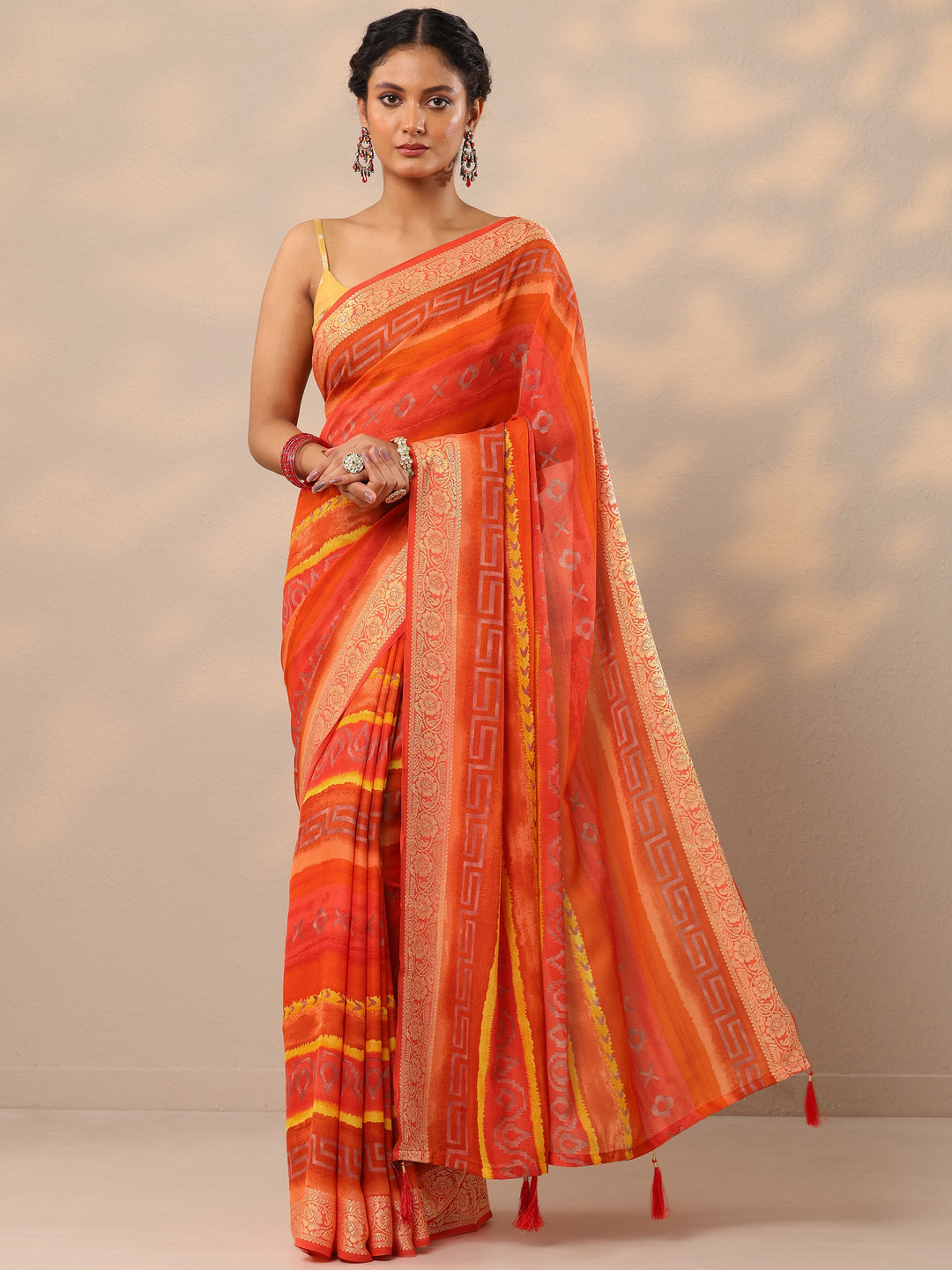 Orange Printed Georgette Saree With Unstitched Blouse Piece