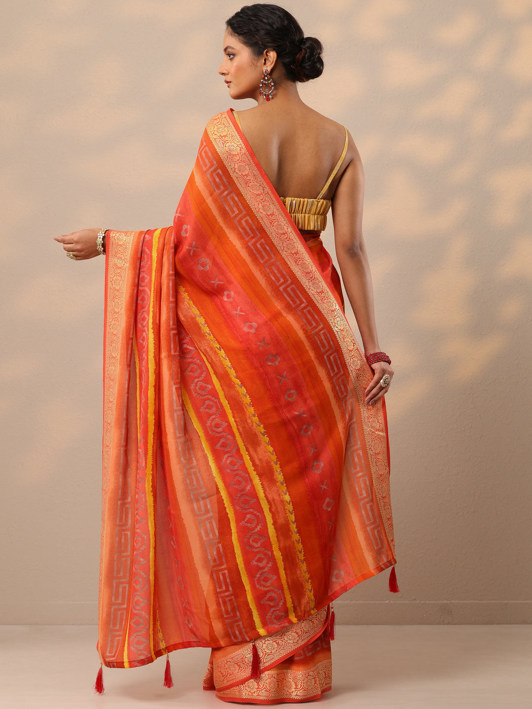 Orange Printed Georgette Saree With Unstitched Blouse Piece