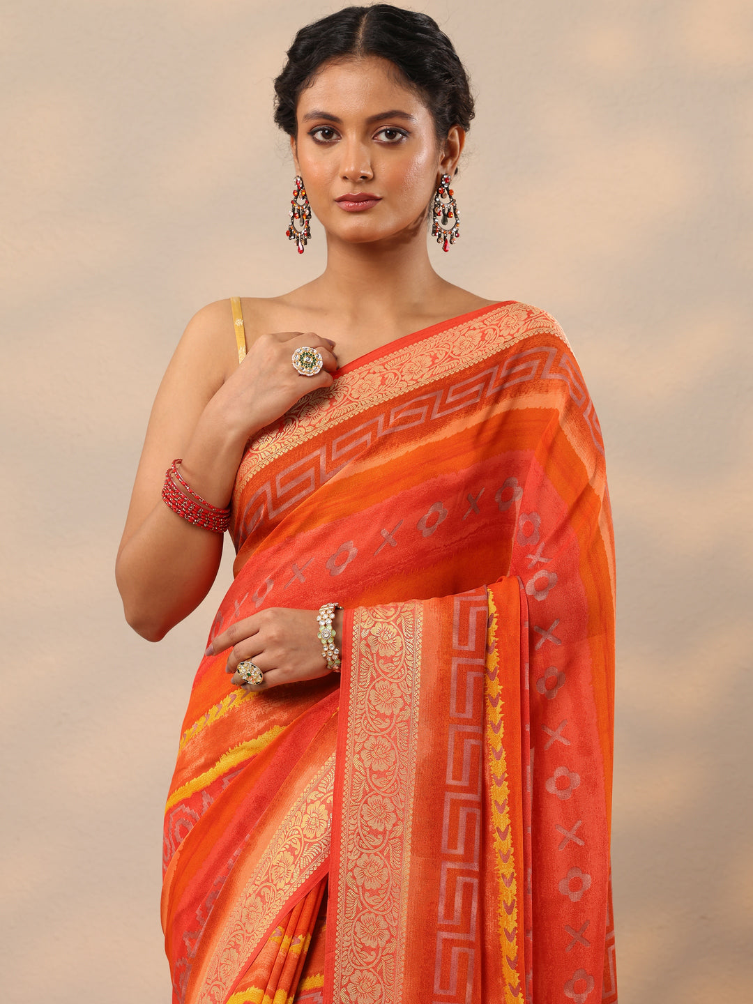 Orange Printed Georgette Saree With Unstitched Blouse Piece