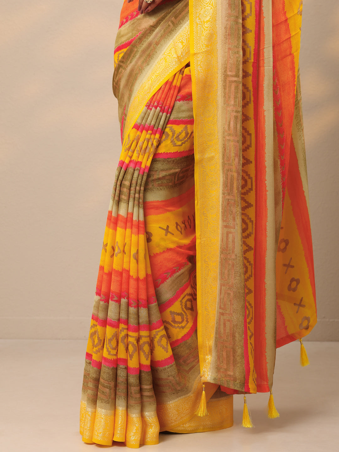 Multi Ikat Printed Georgette Saree With Unstitched Blouse Piece