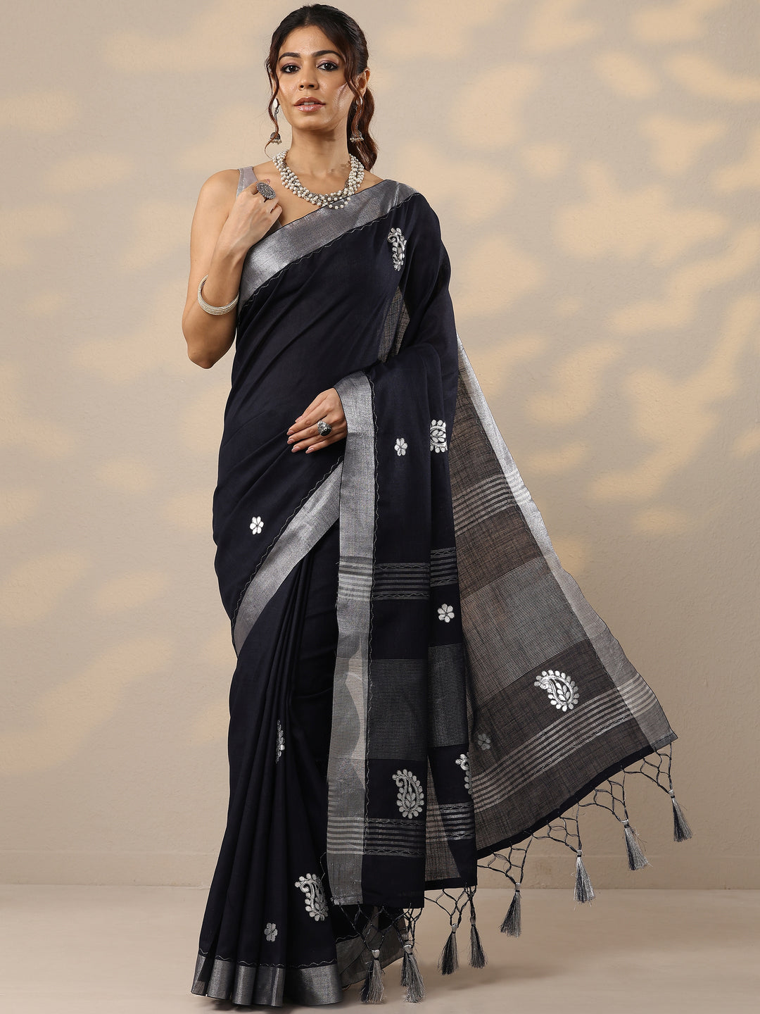 Navy Blue Embroidered Cotton Blend Sarees With Unstitched Blouse Piece