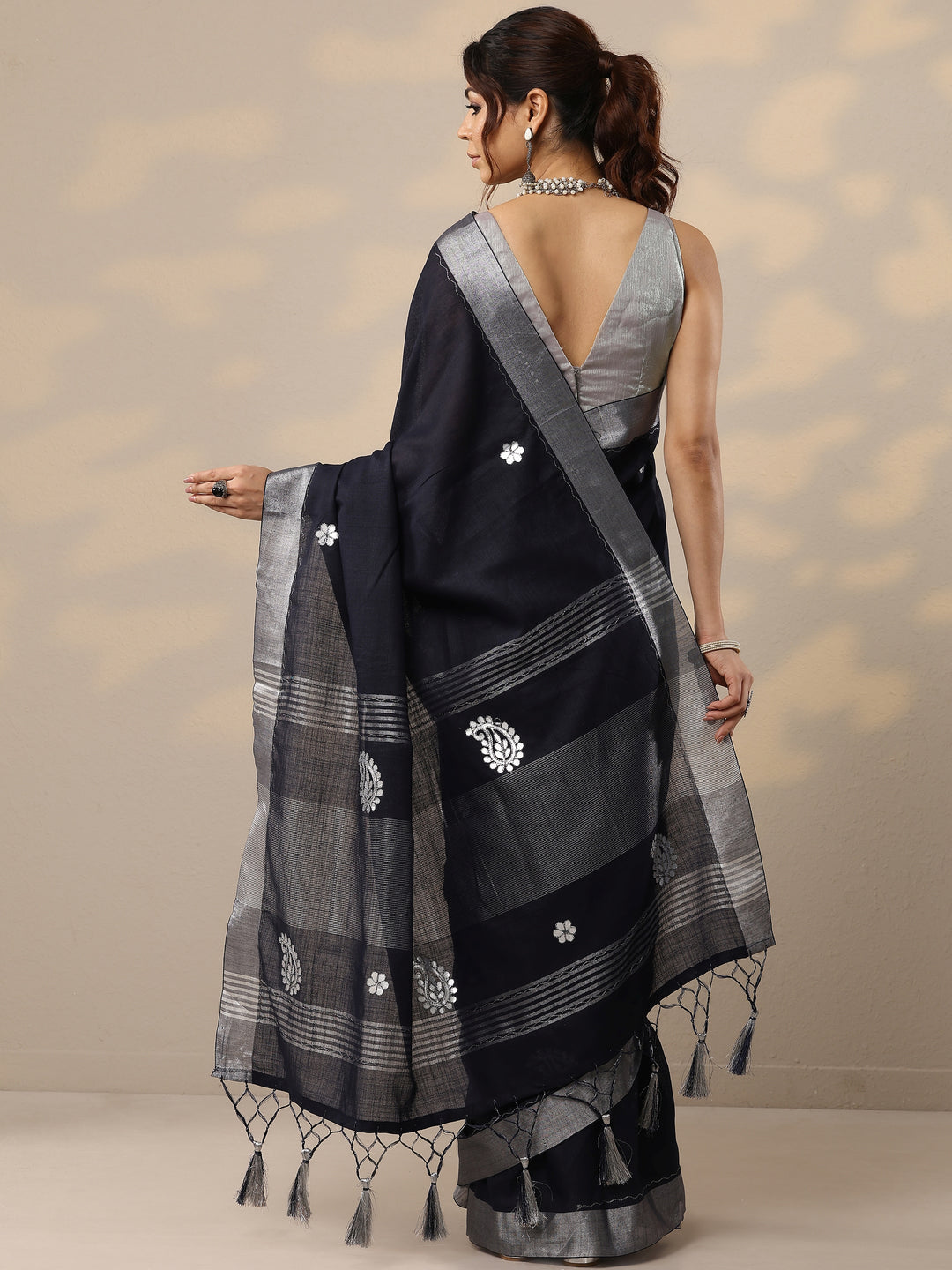 Navy Blue Embroidered Cotton Blend Sarees With Unstitched Blouse Piece