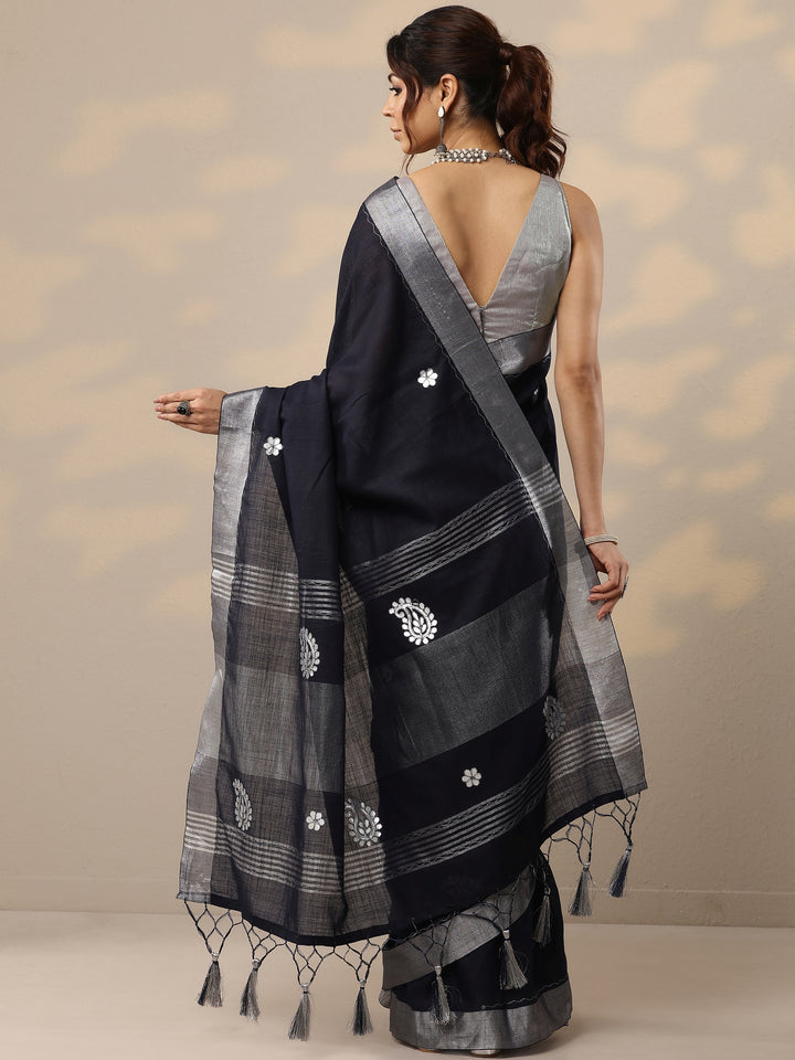 Navy Blue Embroidered Cotton Blend Sarees With Unstitched Blouse Piece
