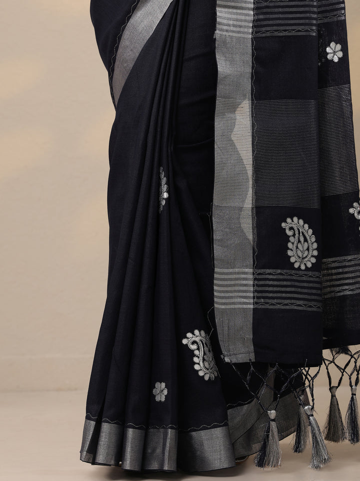 Navy Blue Embroidered Cotton Blend Sarees With Unstitched Blouse Piece