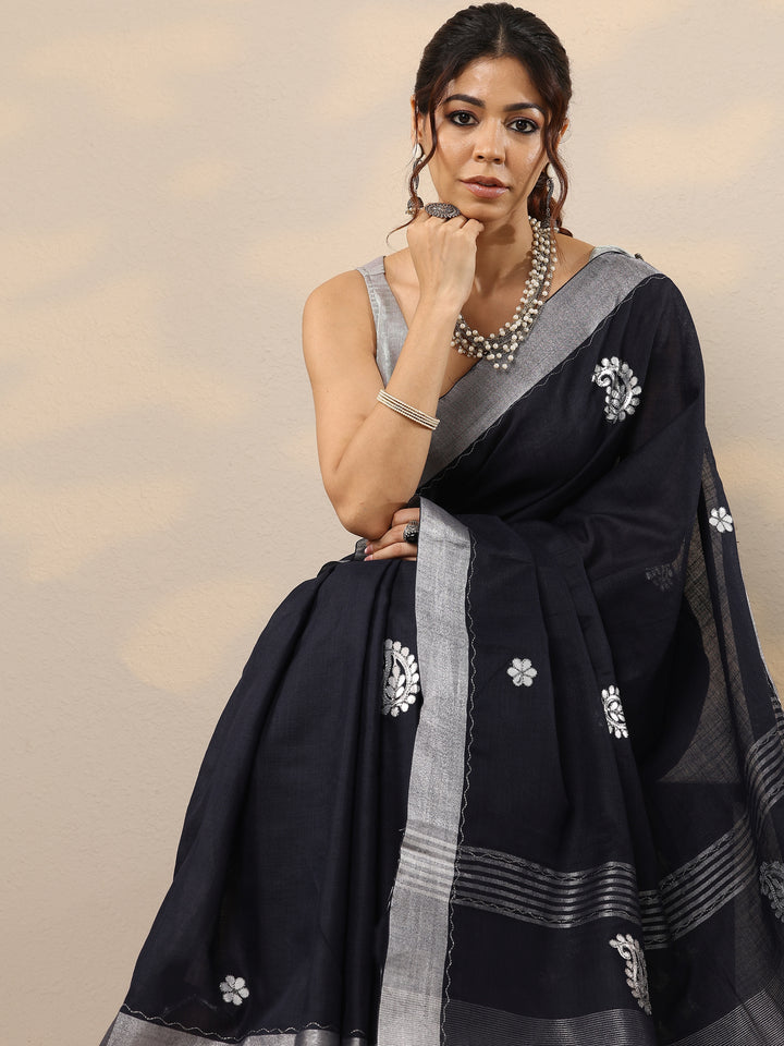 Navy Blue Embroidered Cotton Blend Sarees With Unstitched Blouse Piece