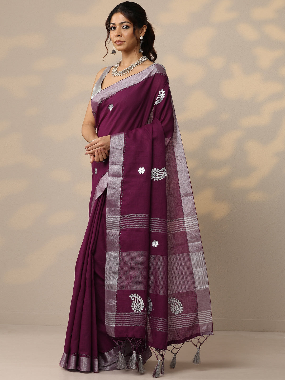 Burgundy Embroidered Cotton Blend Sarees With Unstitched Blouse Piece