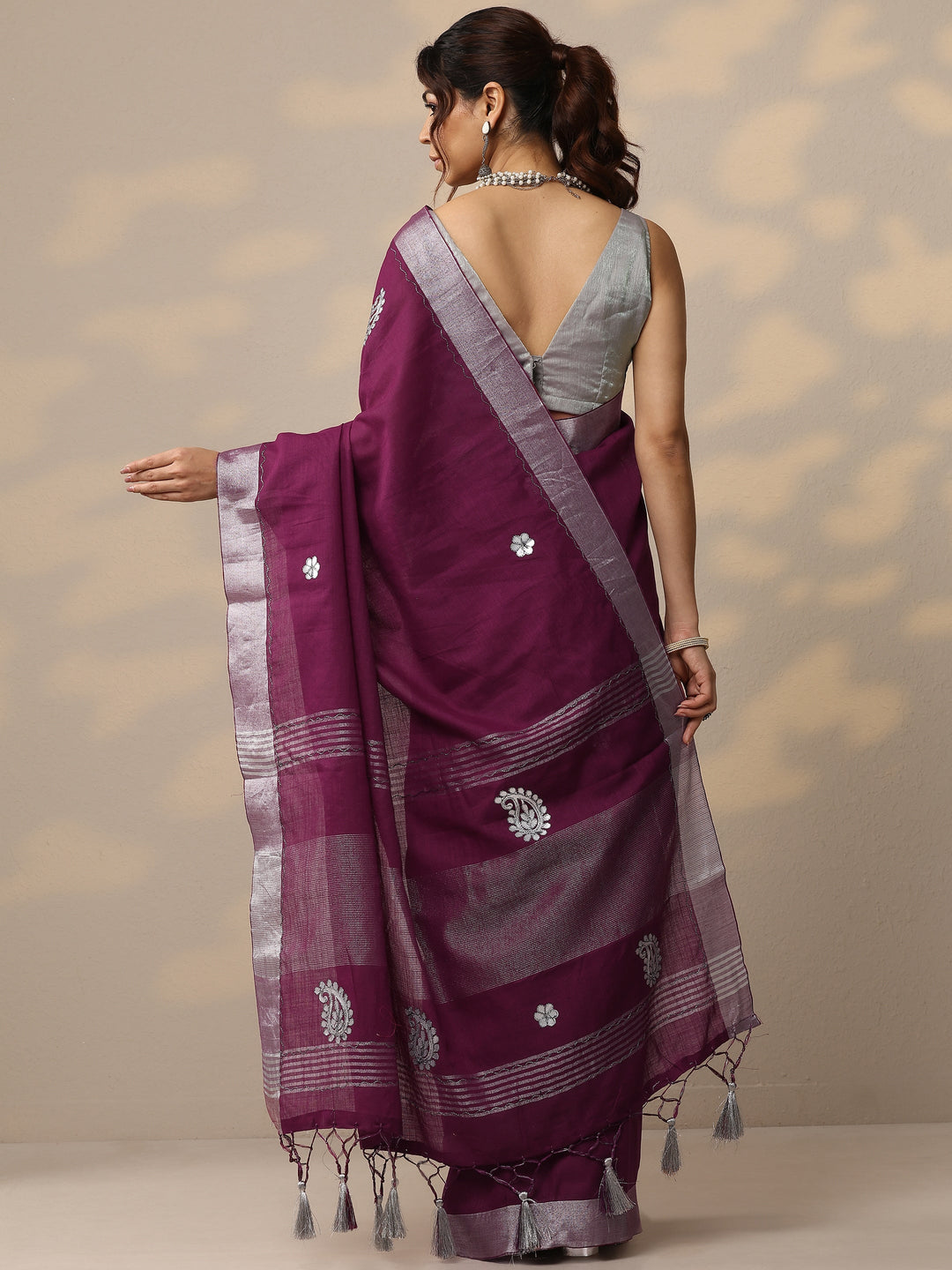 Burgundy Embroidered Cotton Blend Sarees With Unstitched Blouse Piece