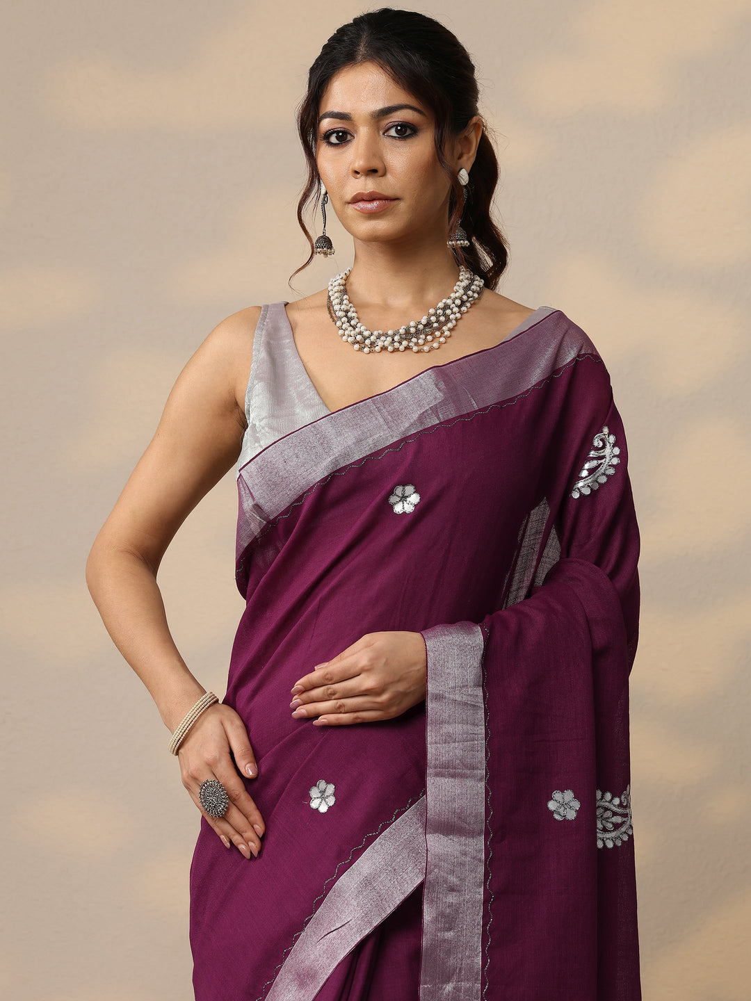 Burgundy Embroidered Cotton Blend Sarees With Unstitched Blouse Piece
