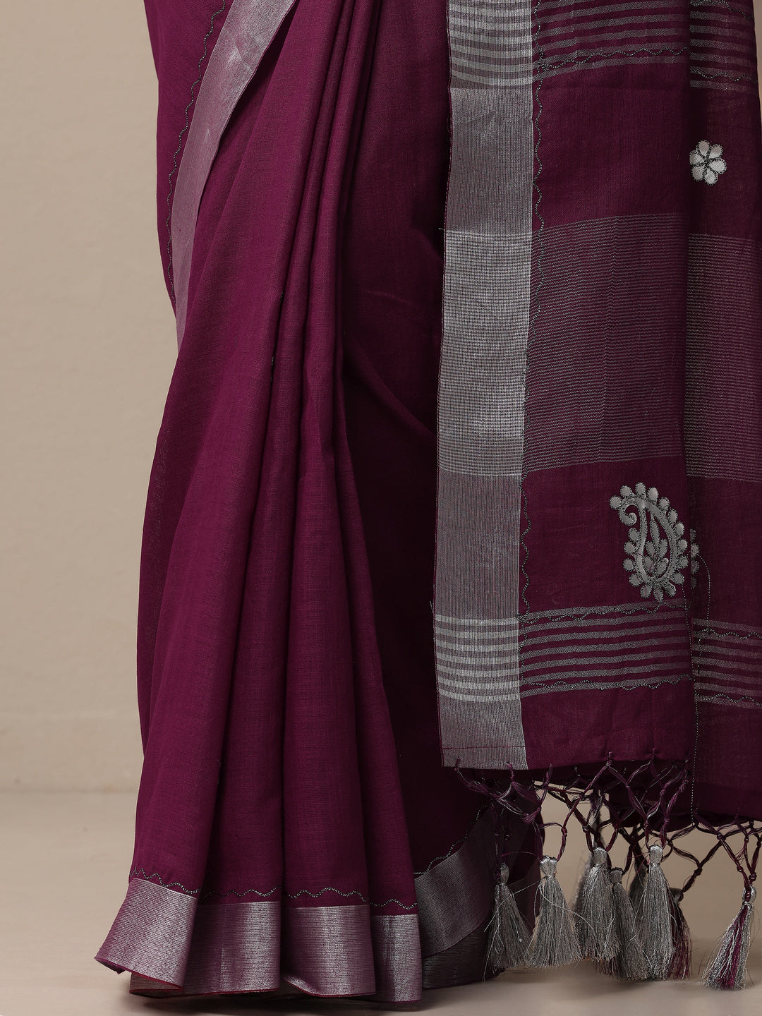 Burgundy Embroidered Cotton Blend Sarees With Unstitched Blouse Piece