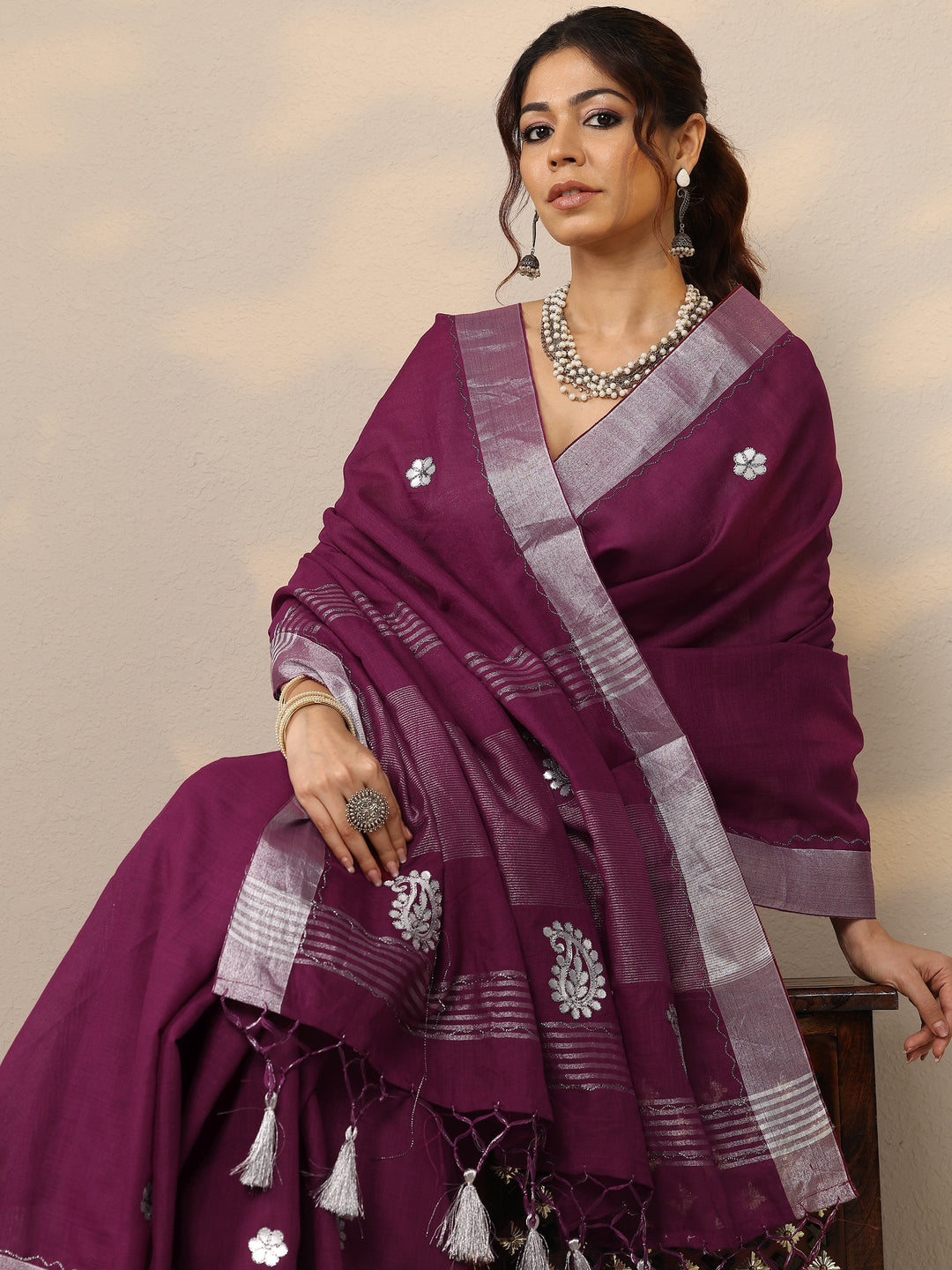 Burgundy Embroidered Cotton Blend Sarees With Unstitched Blouse Piece