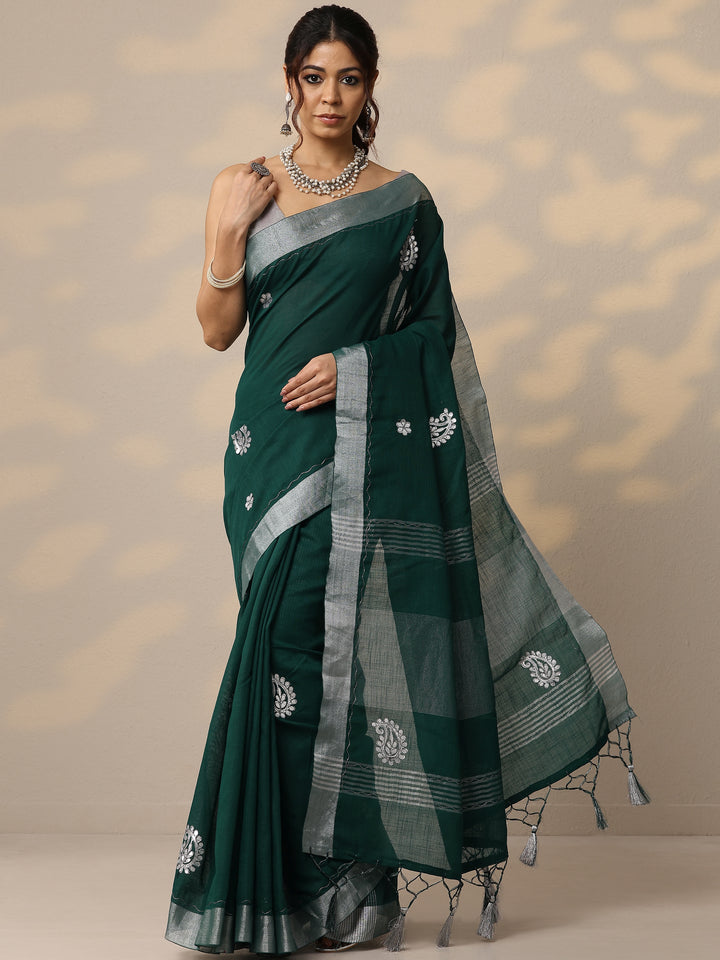Green Embroidered Cotton Blend Sarees With Unstitched Blouse Piece