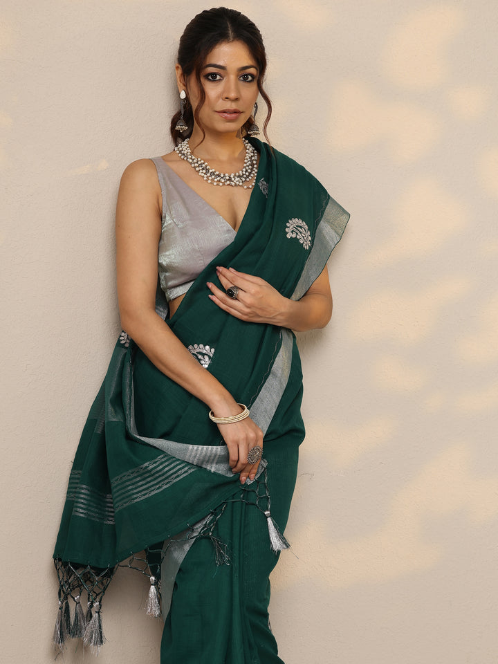 Green Embroidered Cotton Blend Sarees With Unstitched Blouse Piece