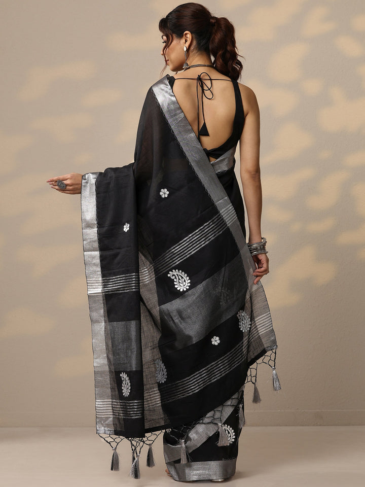 Black Embroidered Cotton Blend Sarees With Unstitched Blouse Piece