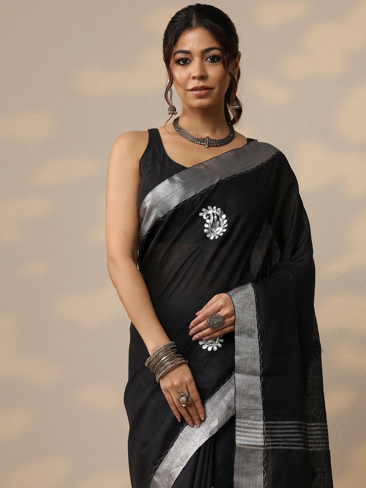 Black Embroidered Cotton Blend Sarees With Unstitched Blouse Piece