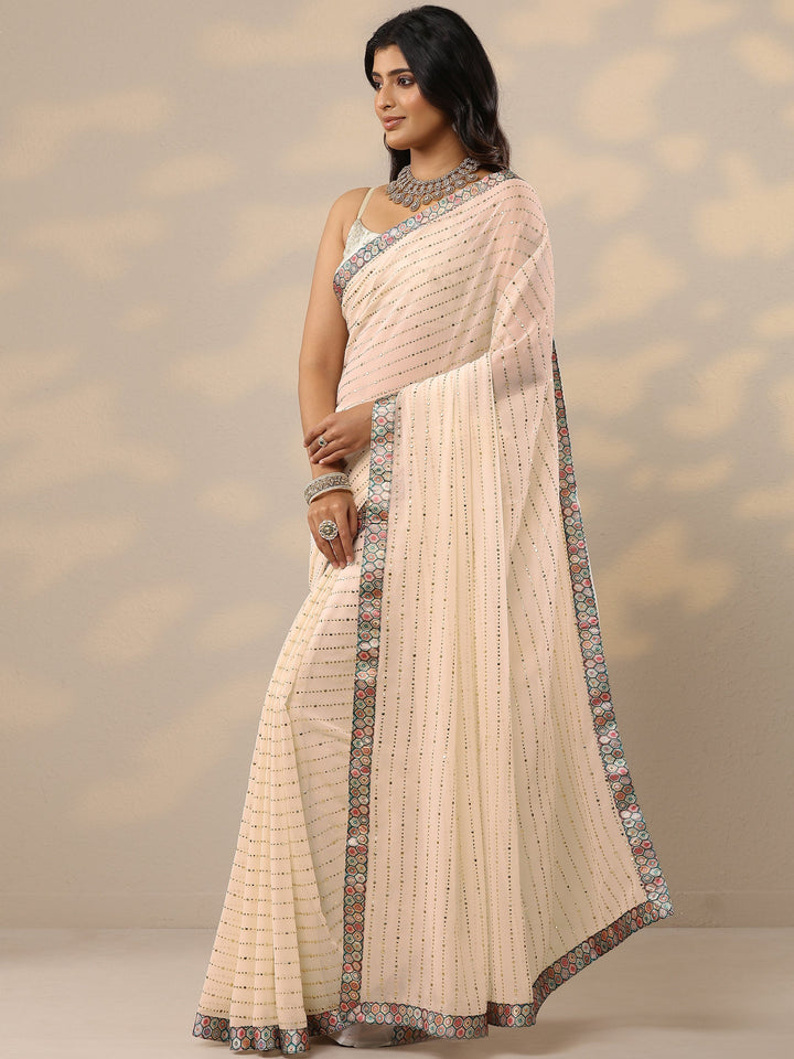 Cream Embellished Georgette Sarees With Unstitched Blouse Piece