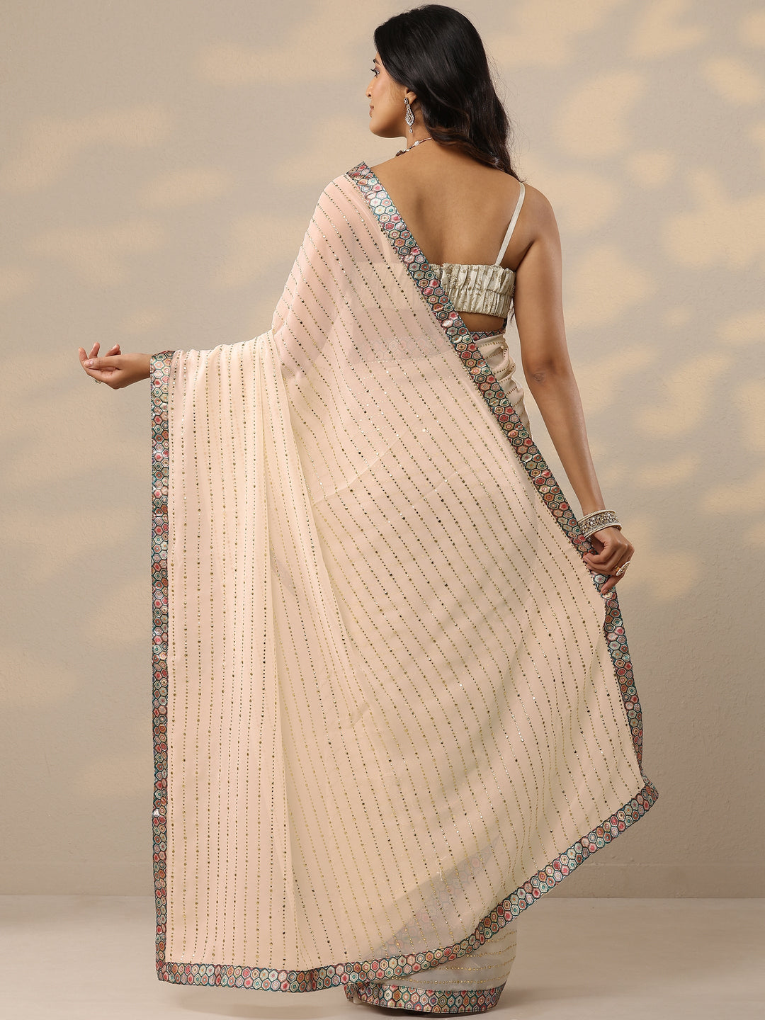 Cream Embellished Georgette Sarees With Unstitched Blouse Piece