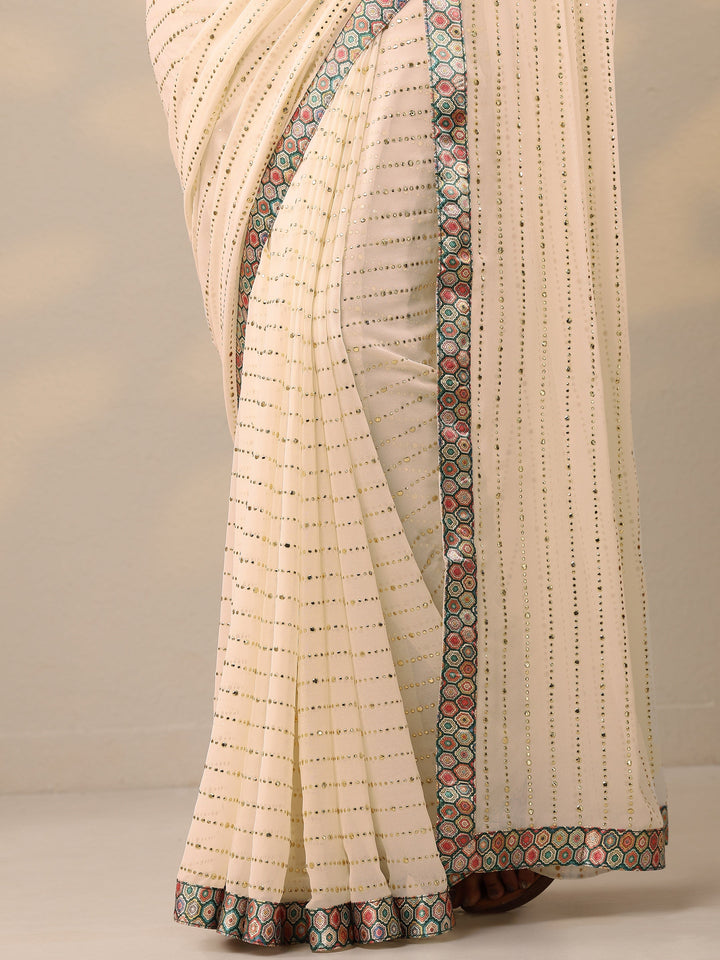 Cream Embellished Georgette Sarees With Unstitched Blouse Piece