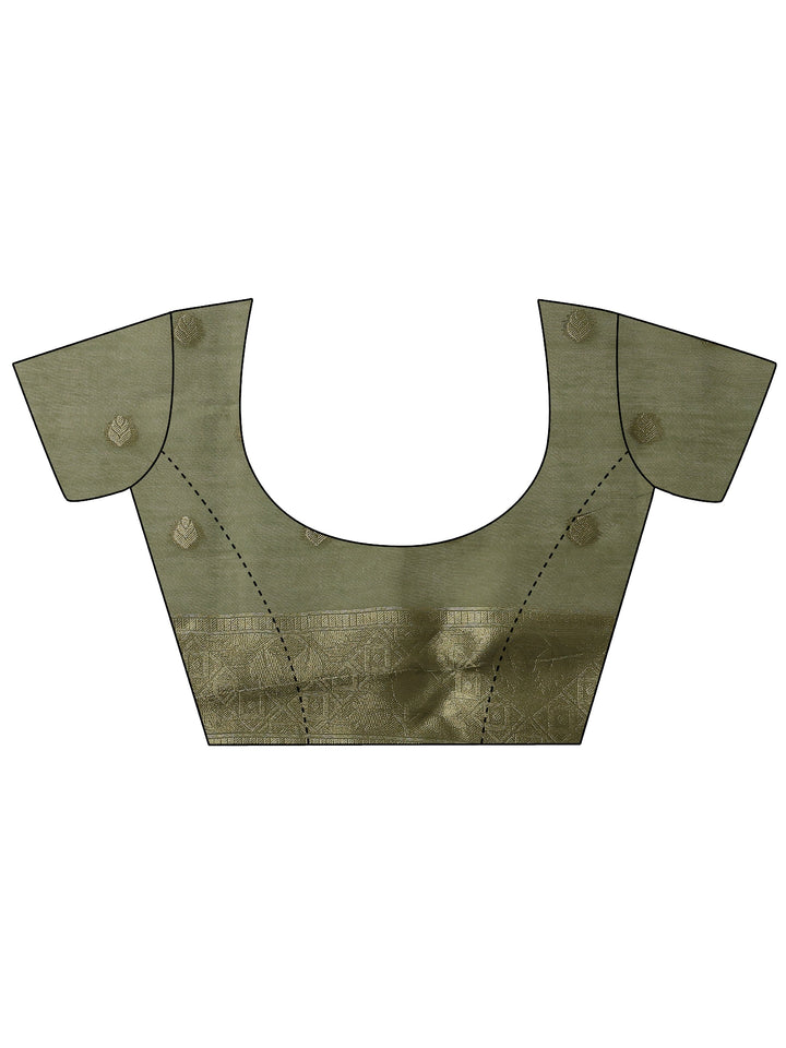 Green Printed Cotton Blend Sarees With Unstitched Blouse Piece