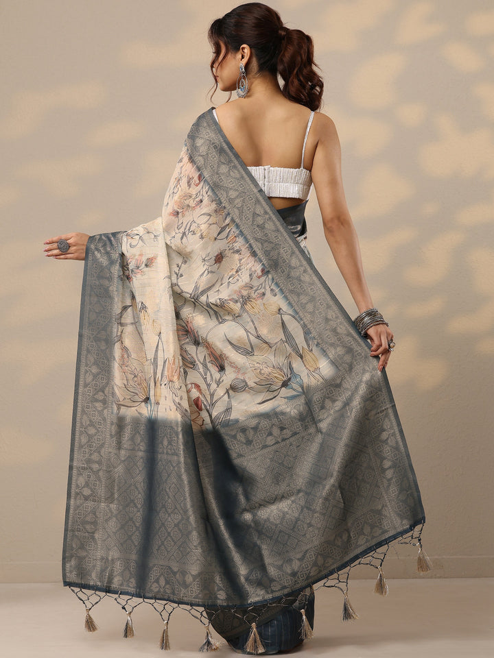 Blue Printed Cotton Blend Sarees With Unstitched Blouse Piece