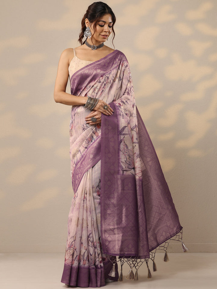 Purple Printed Cotton Blend Sarees With Unstitched Blouse Piece