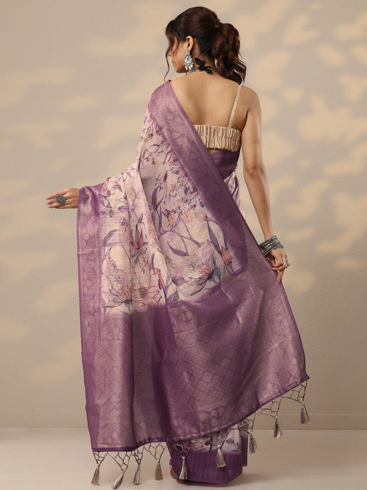 Purple Printed Cotton Blend Sarees With Unstitched Blouse Piece
