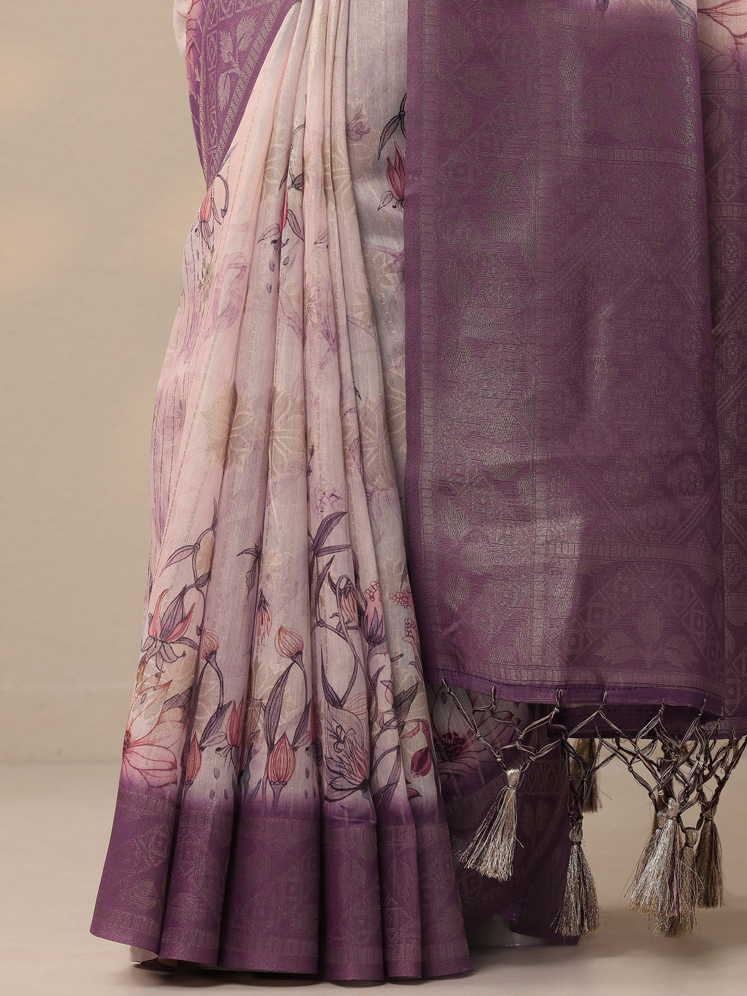 Purple Printed Cotton Blend Sarees With Unstitched Blouse Piece