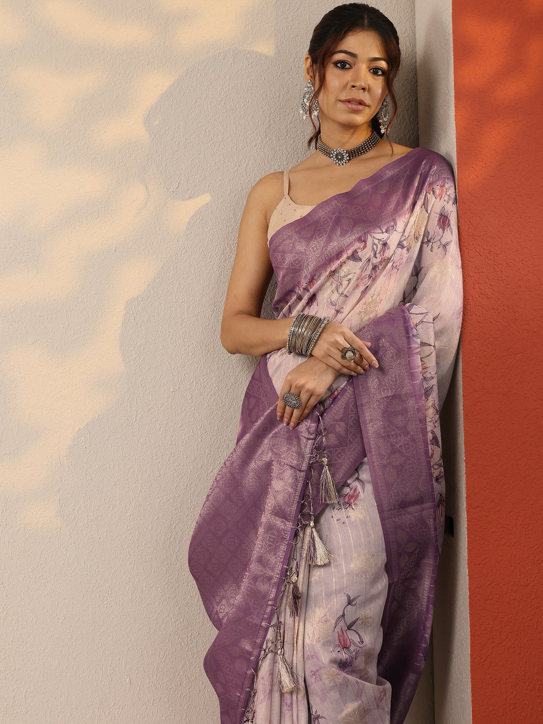 Purple Printed Cotton Blend Sarees With Unstitched Blouse Piece