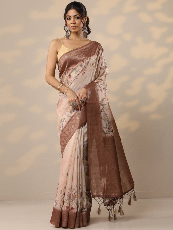 Brown Printed Cotton Blend Sarees With Unstitched Blouse Piece