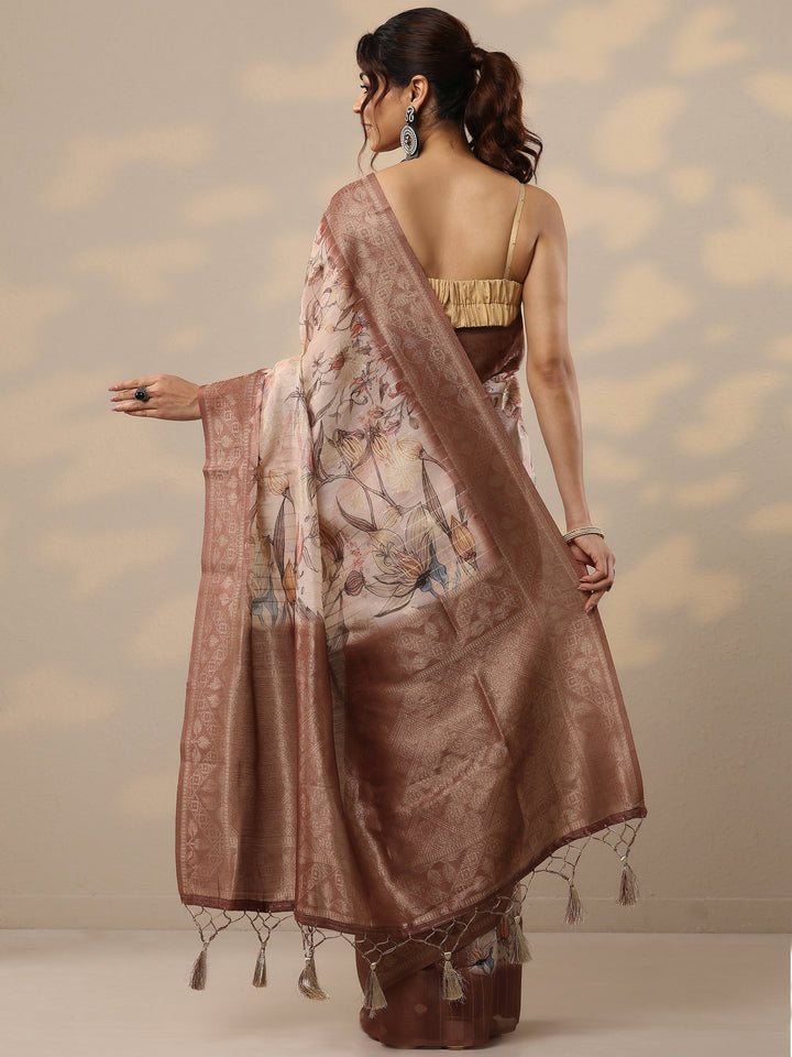 Brown Printed Cotton Blend Sarees With Unstitched Blouse Piece