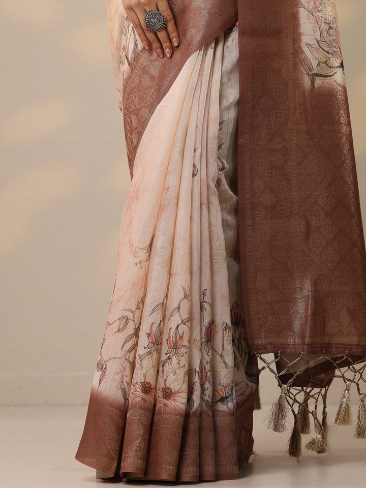 Brown Printed Cotton Blend Sarees With Unstitched Blouse Piece
