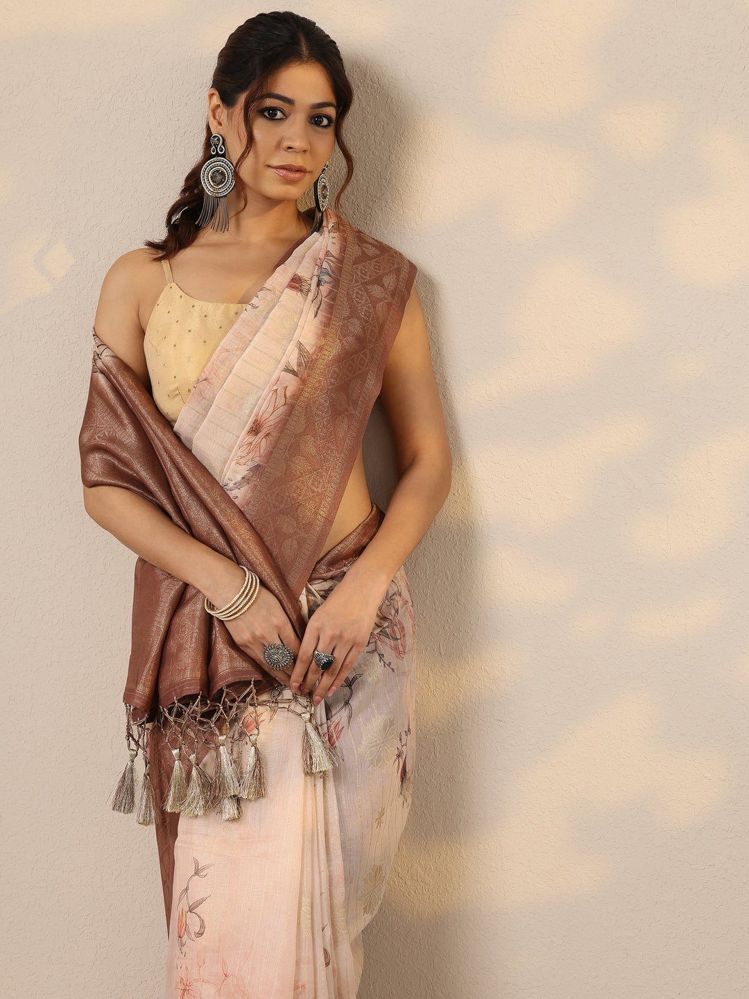 Brown Printed Cotton Blend Sarees With Unstitched Blouse Piece