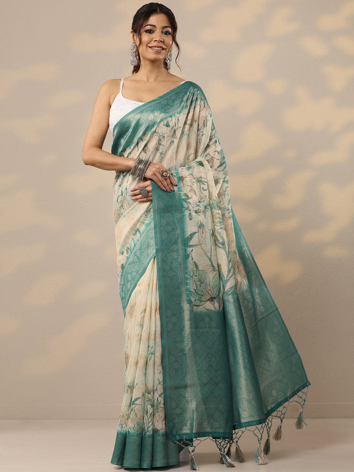 Green Printed Cotton Blend Sarees With Unstitched Blouse Piece