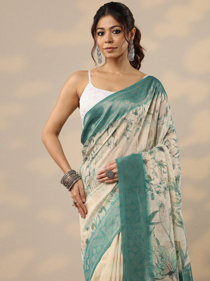 Green Printed Cotton Blend Sarees With Unstitched Blouse Piece