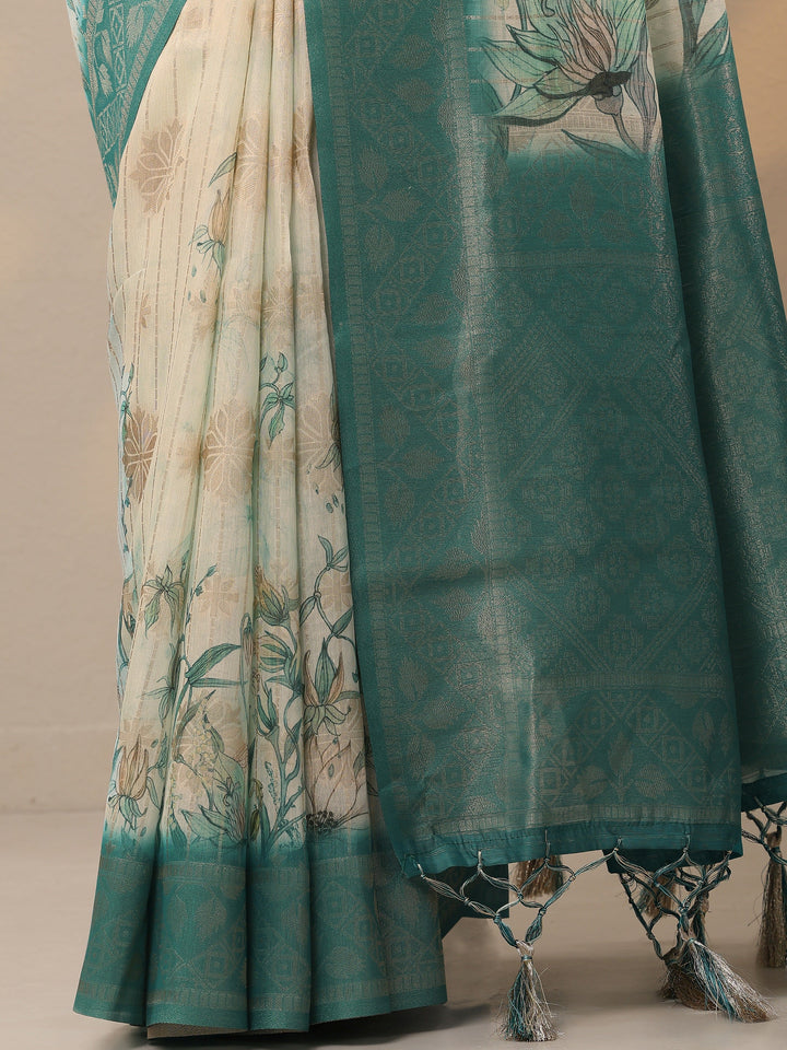 Green Printed Cotton Blend Sarees With Unstitched Blouse Piece