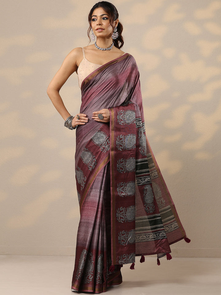 Burgundy Printed Cotton Blend Sarees With Unstitched Blouse Piece