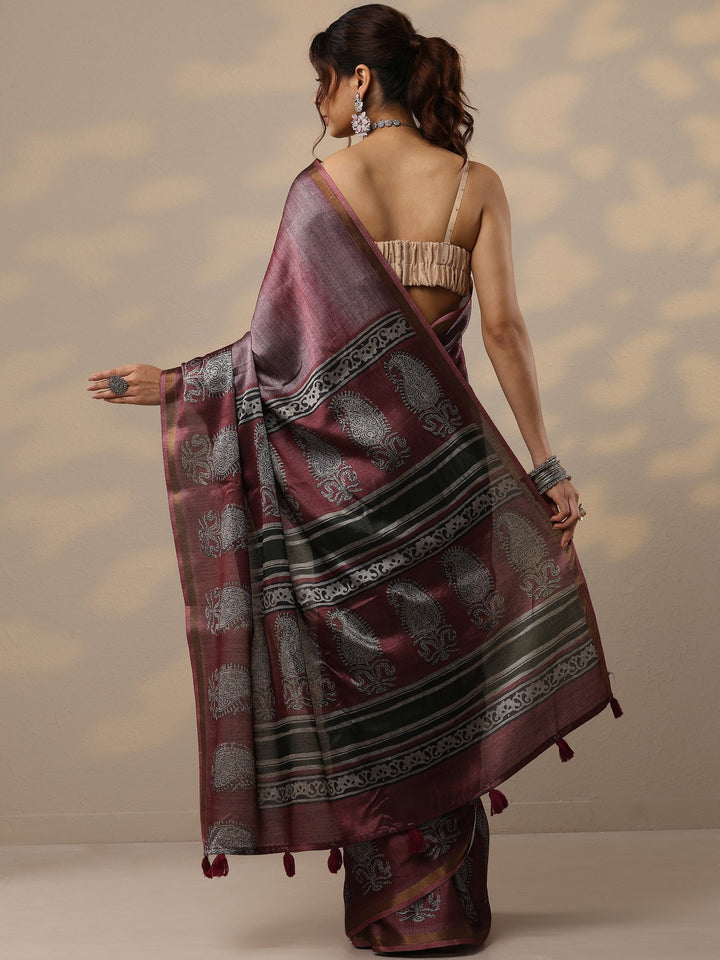Burgundy Printed Cotton Blend Sarees With Unstitched Blouse Piece