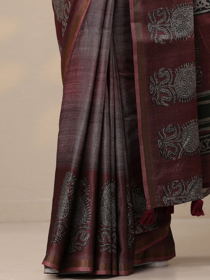 Burgundy Printed Cotton Blend Sarees With Unstitched Blouse Piece